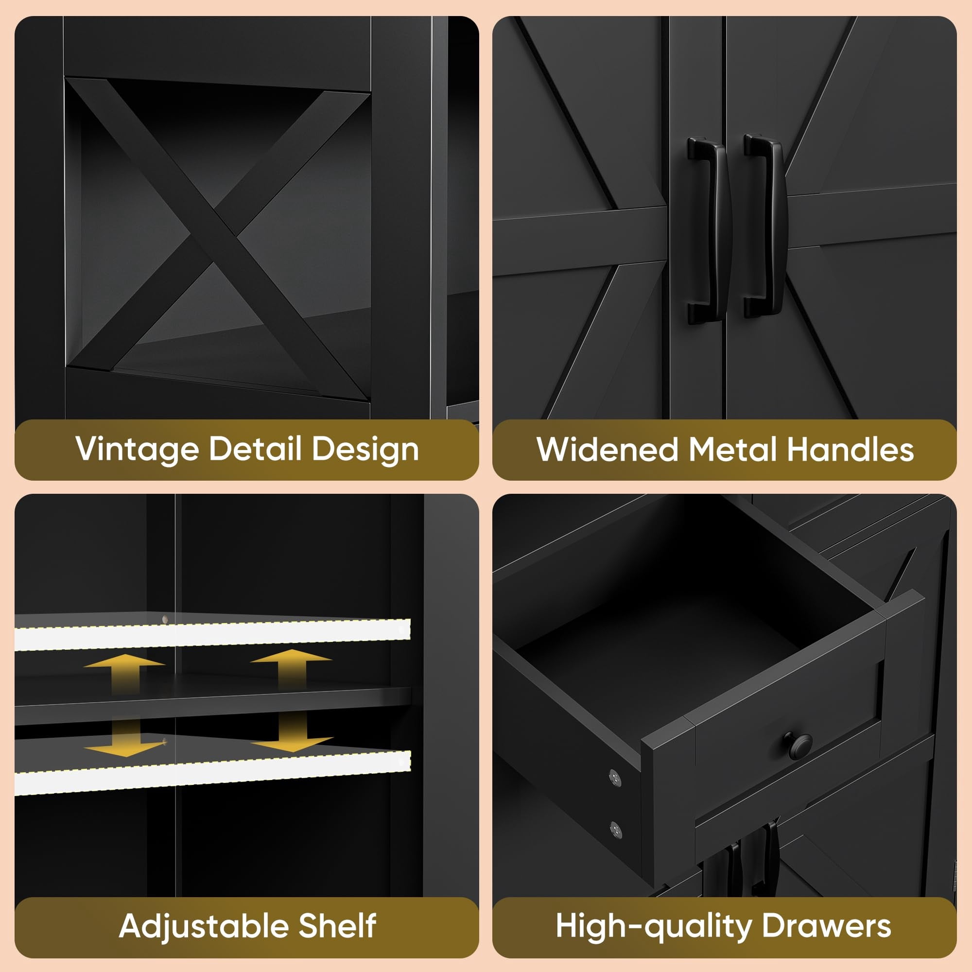 Farmhouse Storage Cabinet, Bathroom Floor Cabinet Kitchen Pantry with Doors and Drawers, Hutch Cupboard for Living Room, Bedroom, Laundry, Black