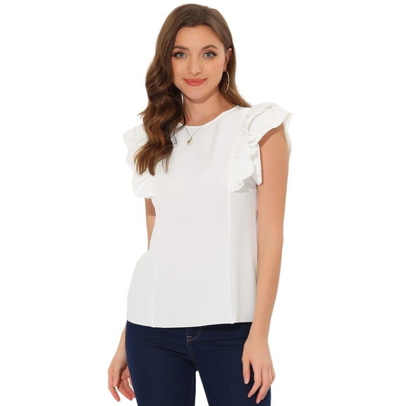 Unique Bargains Women's Summer Round Neck Cap Sleeve Blouse Tops S White