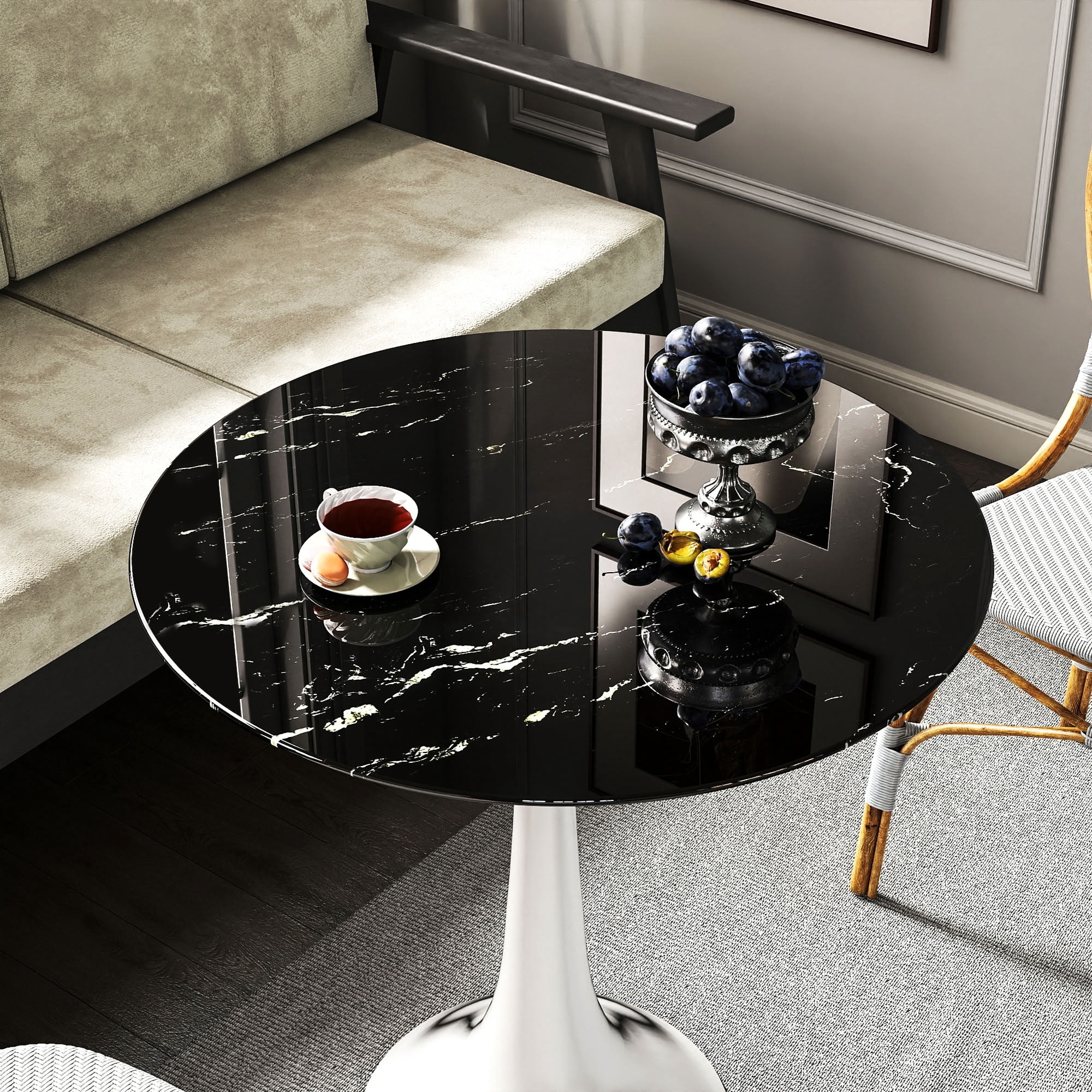 MAYEERTY 20in Round Tempered Glass Table Top, 0.31in Thick Black Gold Vein Marble Print DIY Replacement Table Cover, Heat Scratch Proof Desktop for Small Side Coffee Patio Bistro Table