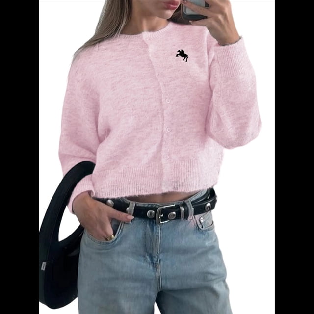 Cárdigan de Cuello Redondo con Botones para Mujer, Suéter de Punto de Larga, Ropa de Abrigo Rosa L
