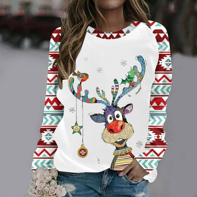 Chandails en Molleton de Noël pour Femmes, Col Rond, Mode Décontractée, Manches Longues, Imprimé de Noël, Blouse Surdimensionnée, en Solde