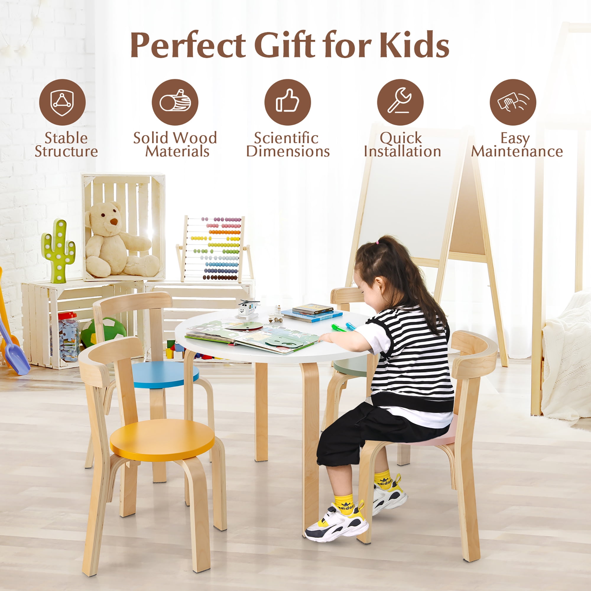 Gymax 5 Piece Toddler Play Set Wooden Activity Table Chair w Toy Bricks Little Wood Walmart