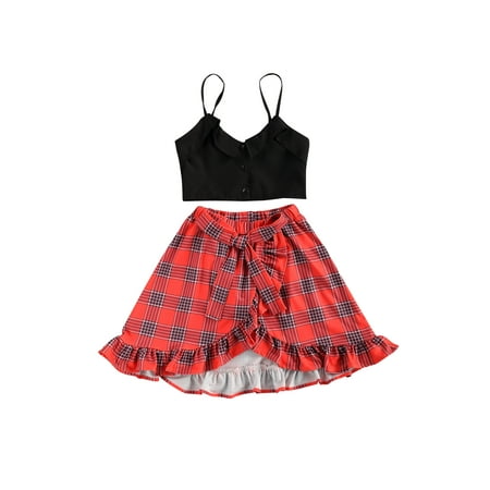 

EYIIYE Toddler Baby Girls V-neck Sleeveless Sling Tops + High Waist Plaid Printing Skirt Set 1-6 Years