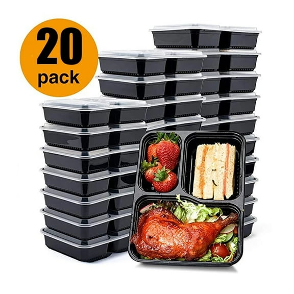FungLam 20 Pack 36 oz Meal Prep Containers, Plastic Food Storage Containers with Lids, 3 Compartment Plastic Lunch Cotainers, Microwaveable & Dishwasher Safe