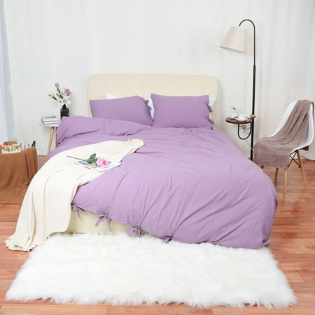 Washed Cotton Bedding Duvet Cover Pillowcase Solid Color Queen Light Washed Cotton Bedding Duvet Cover Pillowcase Solid Color Queen Light Purple