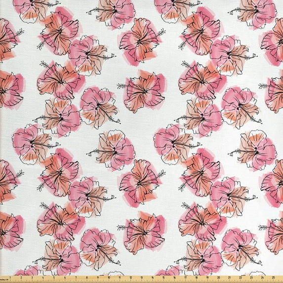 Floral Sofa Upholstery Fabric by the Yard, Exotic Graphic Layout of Blossoming Hibiscus Flowers on a Plain Background, Decorative Fabric for DIY and Home Accents, Salmon Pastel Pink by Ambesonne