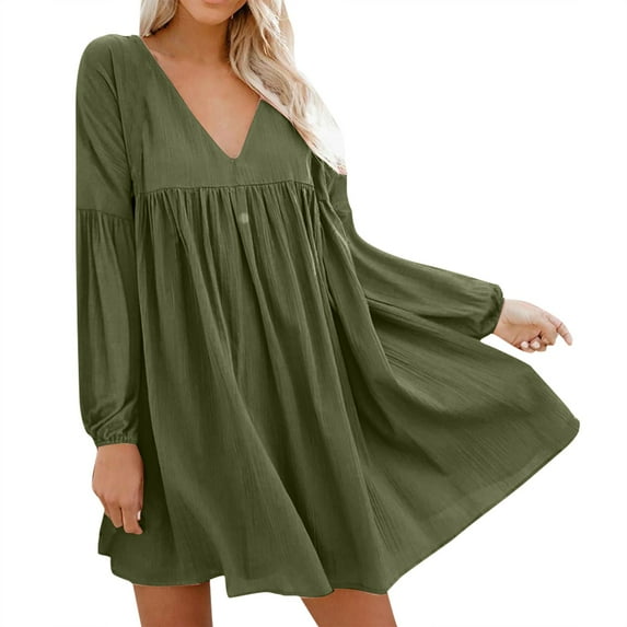 asdoklhq Womens Plus Size Clearance Dresses,Women Long Sleeve Solid V Neck Solid Narrow Cuffs Loose Mini Dress