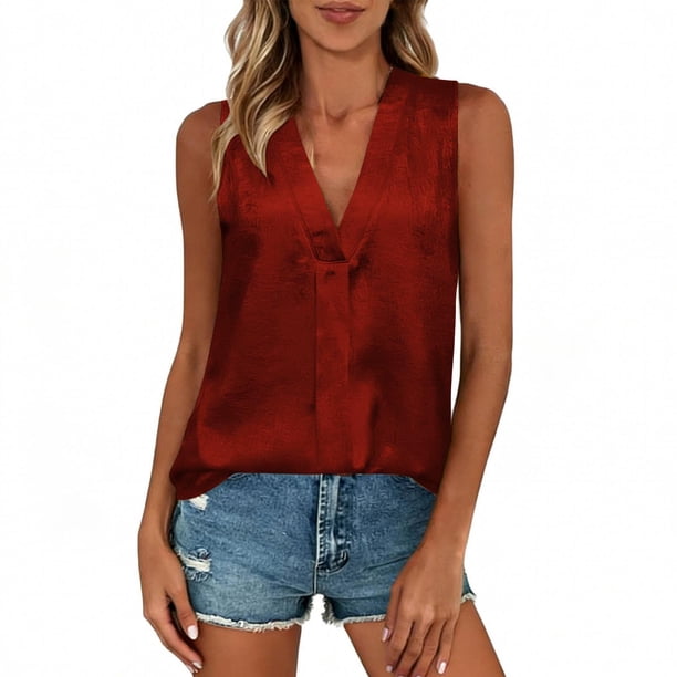 Tops de Color Sólido para las Mujeres Estampado Caliente V-Cuello sin Mangas de la Blusa de la Fiesta Glam, Tops de la Fiesta para las Mujeres