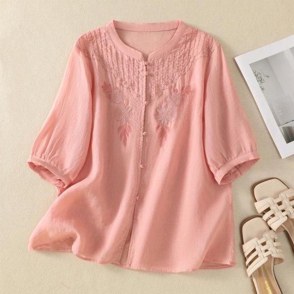Womens Shirts Women Tops Women's Imitation Linen Embroidered Button Short Sleeved Stand-up Collar Top Pink L