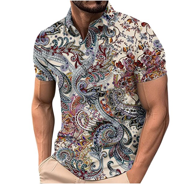 Camisetas de Manga Corta de los Hombres Casual Gradiente Solapa Botón Arriba Camiseta, Top Ligero para el Hogar, Uso Diario Y Cómodo