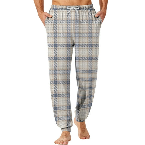 Homeyce Pajamas for Men Plaid Drawstring Pajama Pants with Pockets Elastic Waist Pjs Comfy Lightweight Soft Loose Pj Bottoms,Beige 2XL