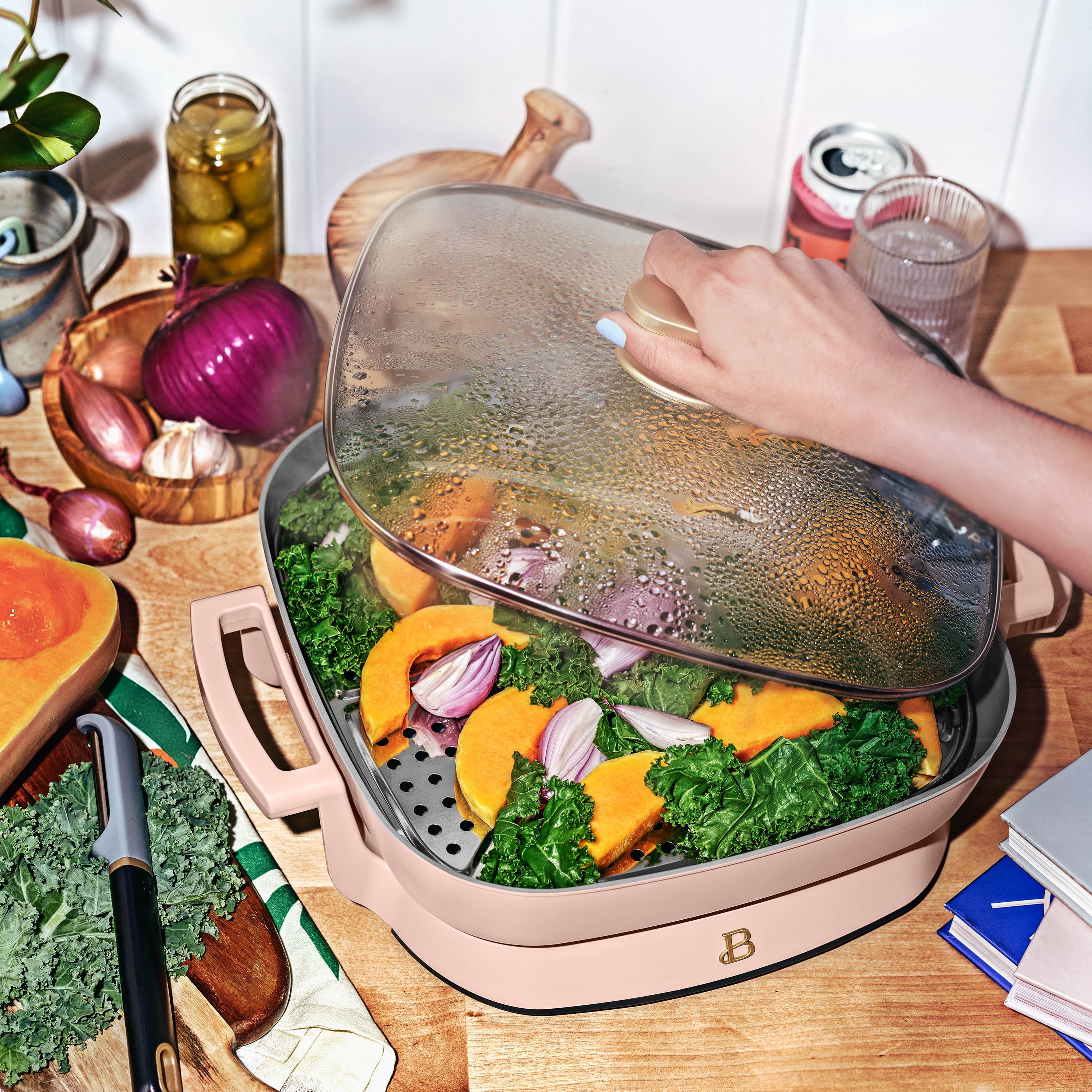 Beautiful 5 in 1 Electric Skillet - Expandable up to 7 Qt with Glass Lid, Rose by Drew Barrymore