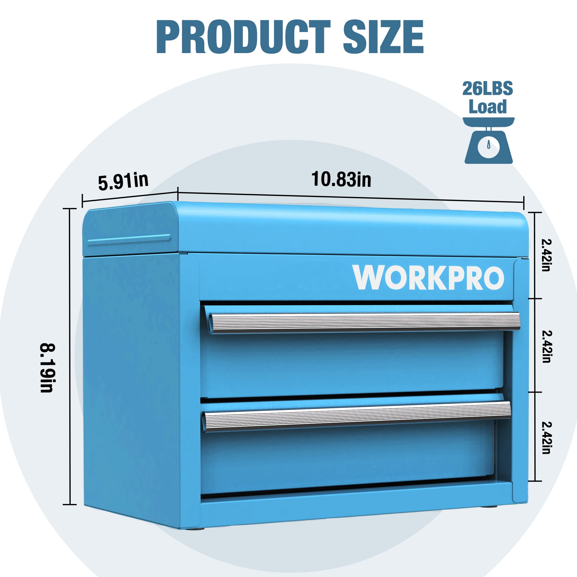 WORKPRO Mini Metal Tool Box with 2 Drawers and Top Storage, Small Tool Chest with PVC Liners and PP Feet Pads, Cold Rolled Steel Toolbox with Magnetic Tab, Blue WORKPRO Mini Metal Tool Box with 2 Drawers and Top Storage, Small Tool Chest with PVC Liners and PP Feet Pads, Cold Rolled Steel Toolbox with Magnetic Tab, Blue - Image 3