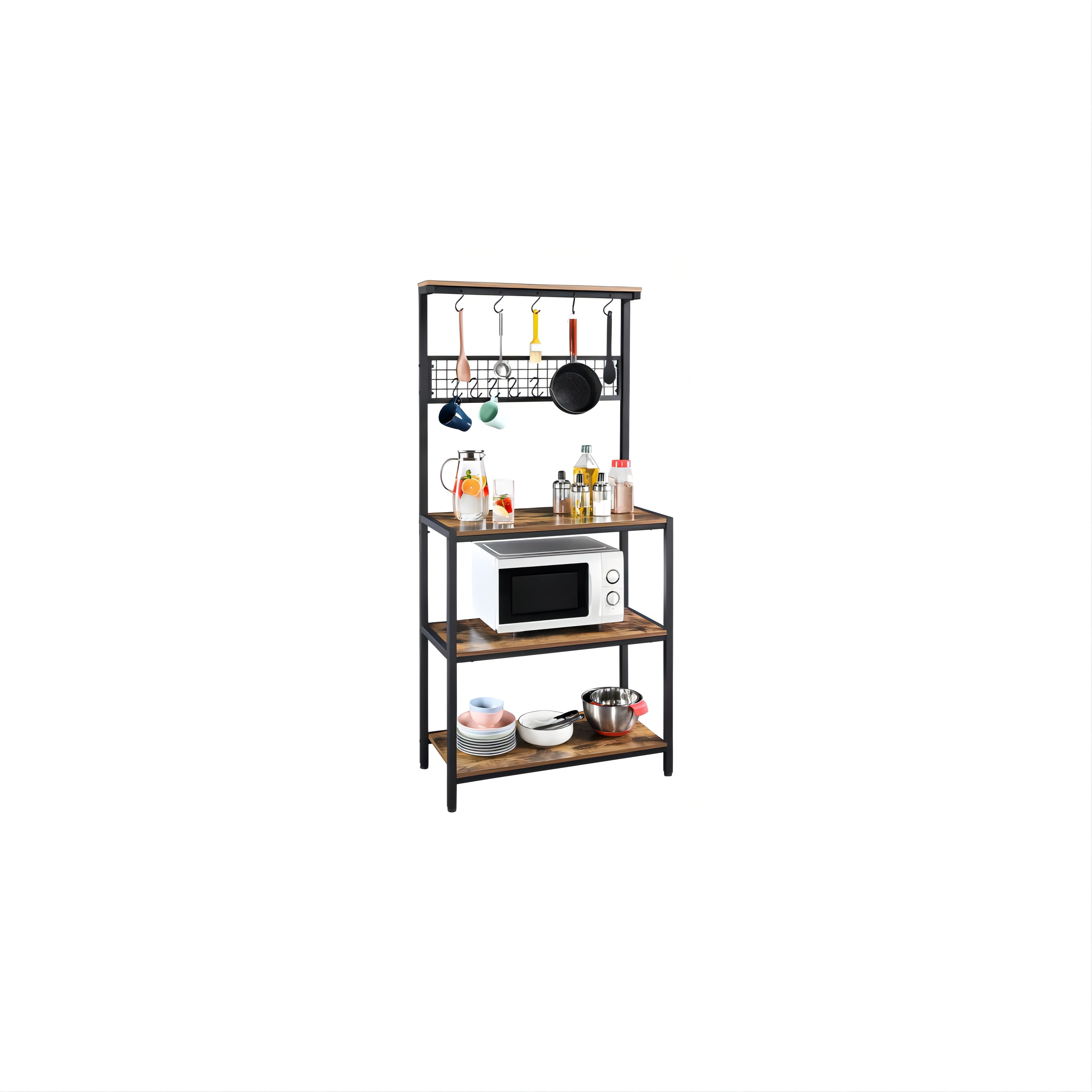 SUGIFT 67" Wooden Kitchen Bakers Rack with 4 Storage Shelves & 10 Hooks