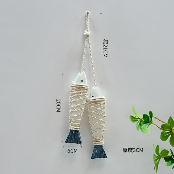 2PCS Vintage Wooden Fish Hanging Wood Fish Decor Hand Carved Nautical Ornaments Home Wall Decor Hanger Gift - Blue-White Small Fish Skewers