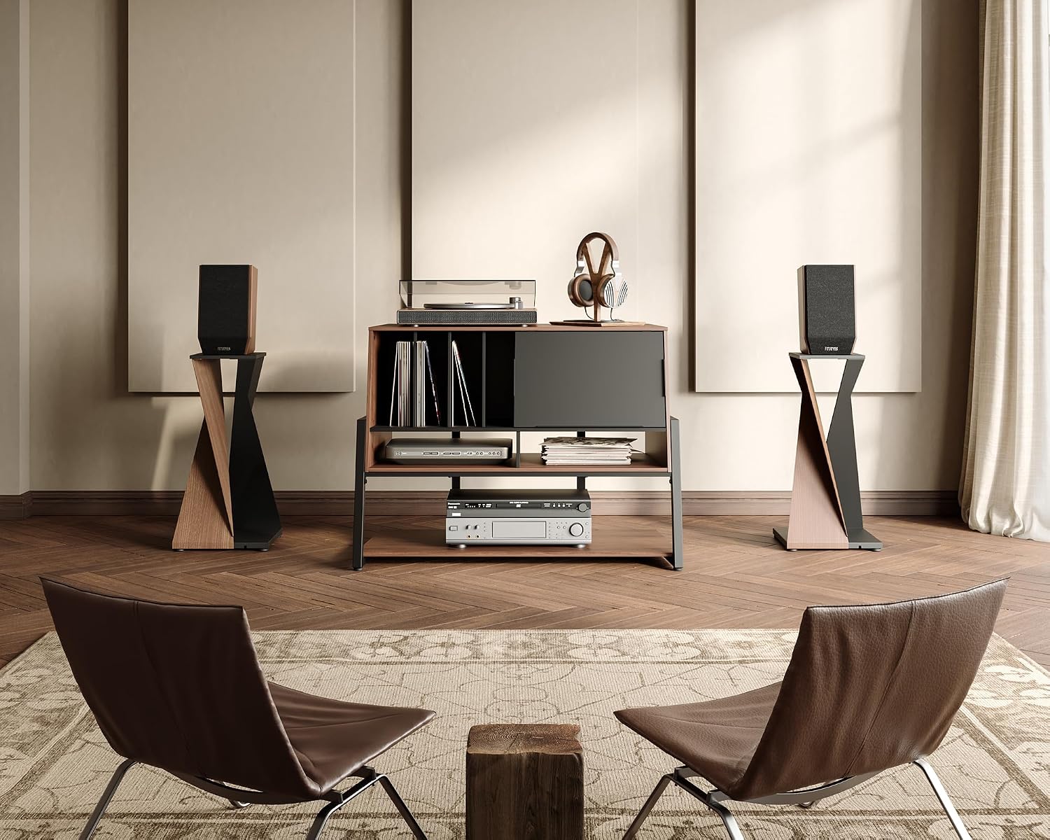 FITUEYES Eiffel Record Player Stand with Vinyl Record Storage, Holds 120 Records, Walnut