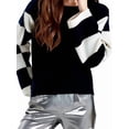thumbnail image 3 of Womens Casual Checkered Color Block Sweaters Crew Neck Long Sleeve Cropped Knit Pullover Black XL, 3 of 9