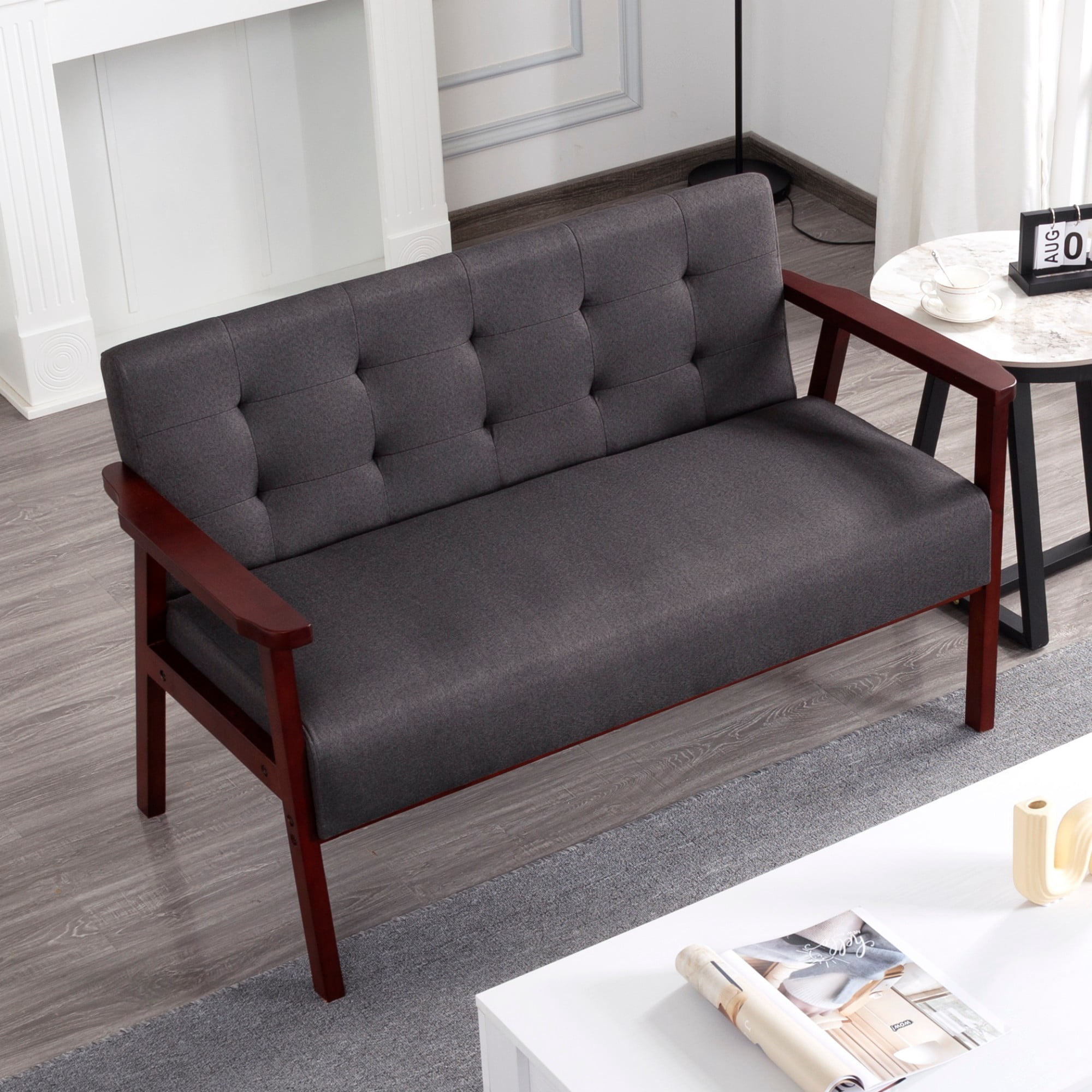 Gewnee Cedar Wood Loveseat, Dark Grey Linen Upholstery, Tufted Back, 300LBS per Seat, Non-Slip Pads, for Living Room, Home Office, Den
