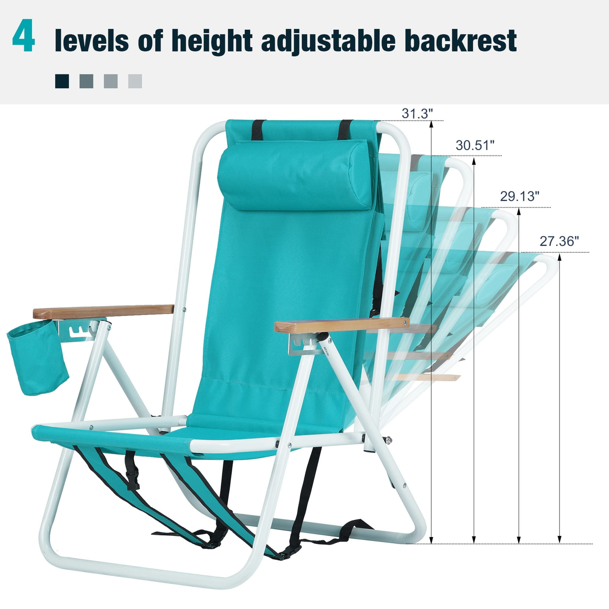 Kepooman Folding Beach Chair, 4 Position Portable Backpack Foldable Camping Chair with Headrest Cup Holder and Wooden Armrests, Green Kepooman Folding Beach Chair, 4 Position Portable Backpack Foldable Camping Chair with Headrest Cup Holder and Wooden Armrests, Green