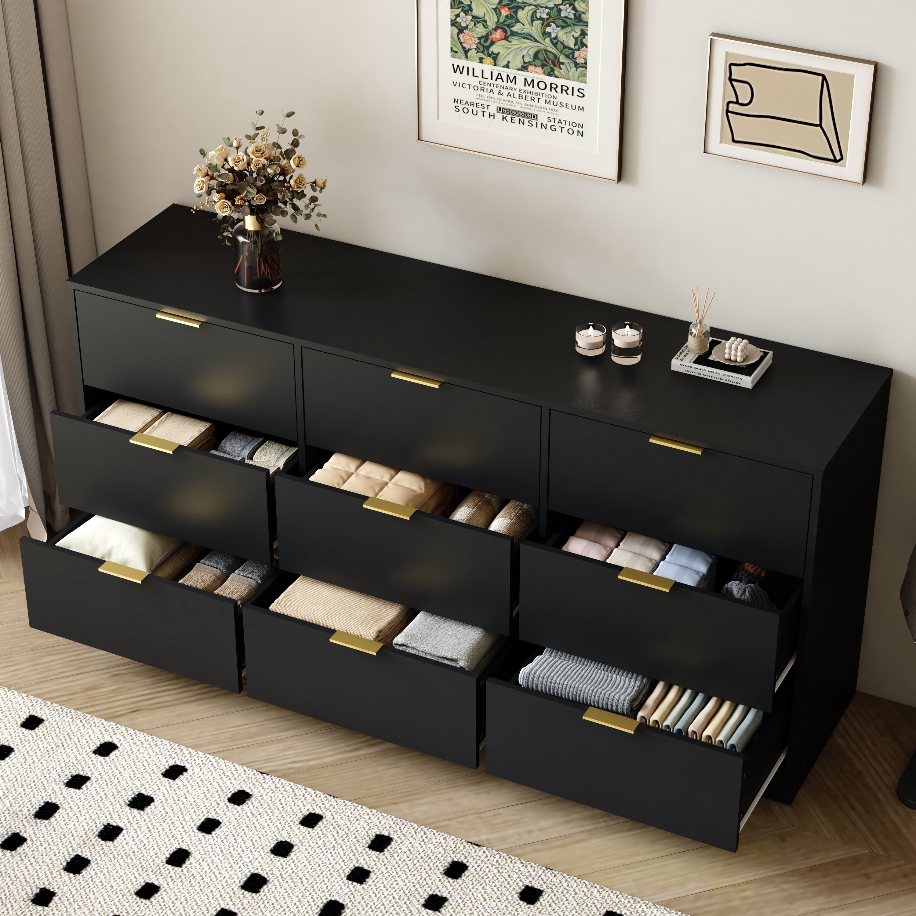 Mintazer 9 Drawers Dresser, 63" Large Deep Storage Chest of Drawers with Gold Metal Handles for Entryway Bedroom Living Room Hallway, Black