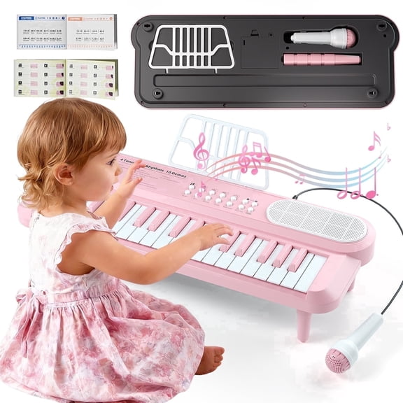 Baby Piano,Pink Keyboard Piano for Toddler 1-3,Microphone&DIY Stickers&Sheet Music,Birthday Gift for 1 2 Year Old Girl