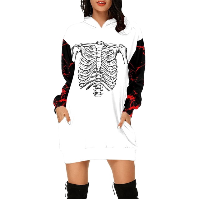 Primavera informal para mujer y otoño con bolsillo Estampado de Halloween Manga larga Vestido suelto con capucha para mujer Pompotops hdfakjf3650