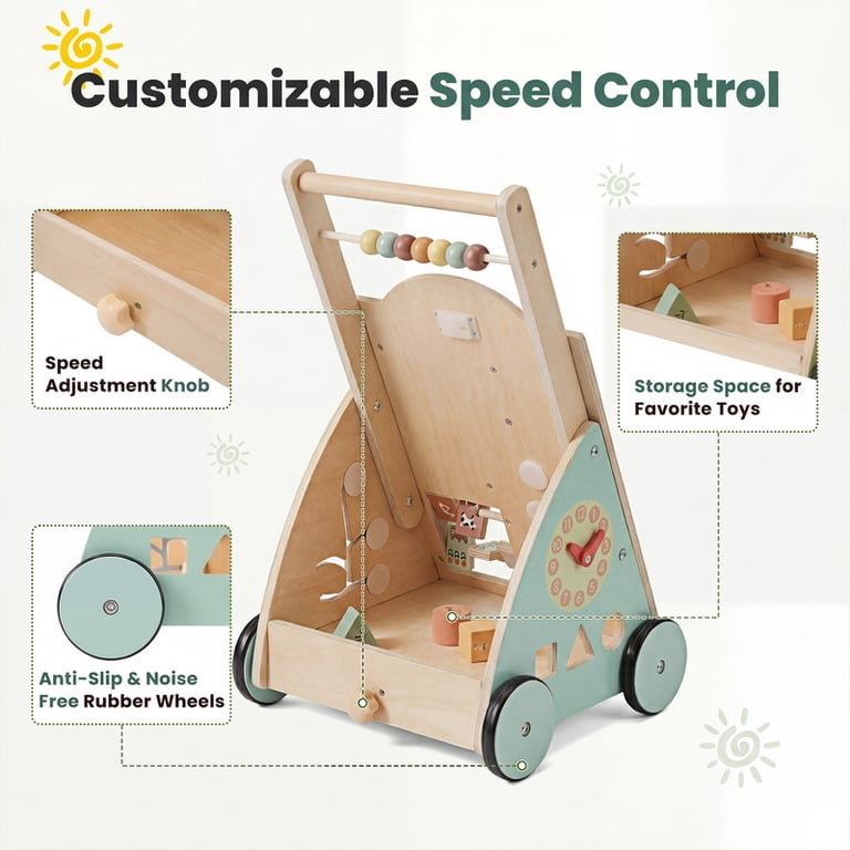 Gianna Wooden Baby Walker for First Steps, Adjustable Speed Push