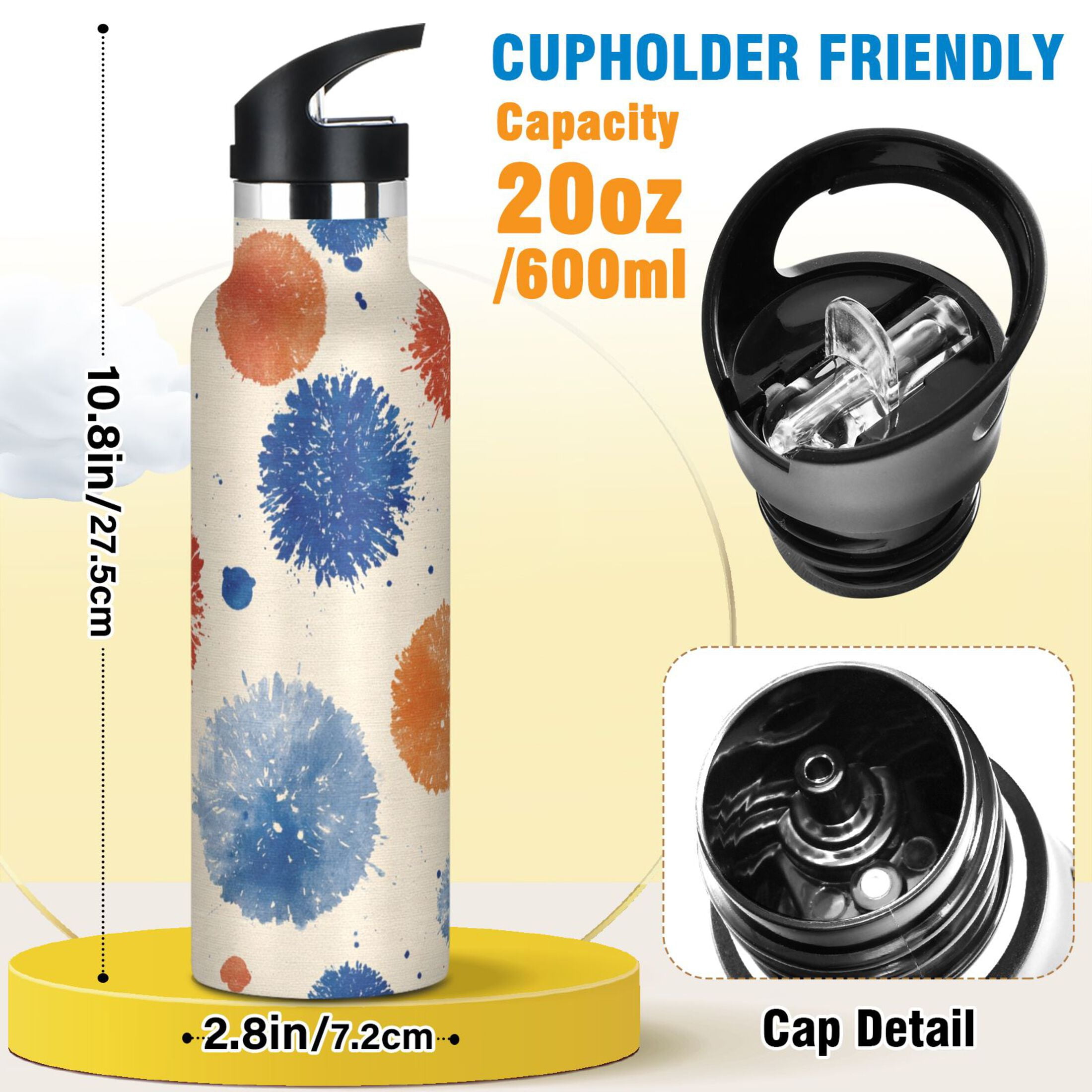 Kids Insulated Stainless Steel Sports Water Bottle 600ml (20oz) Blue Splashes Artistic Pattern