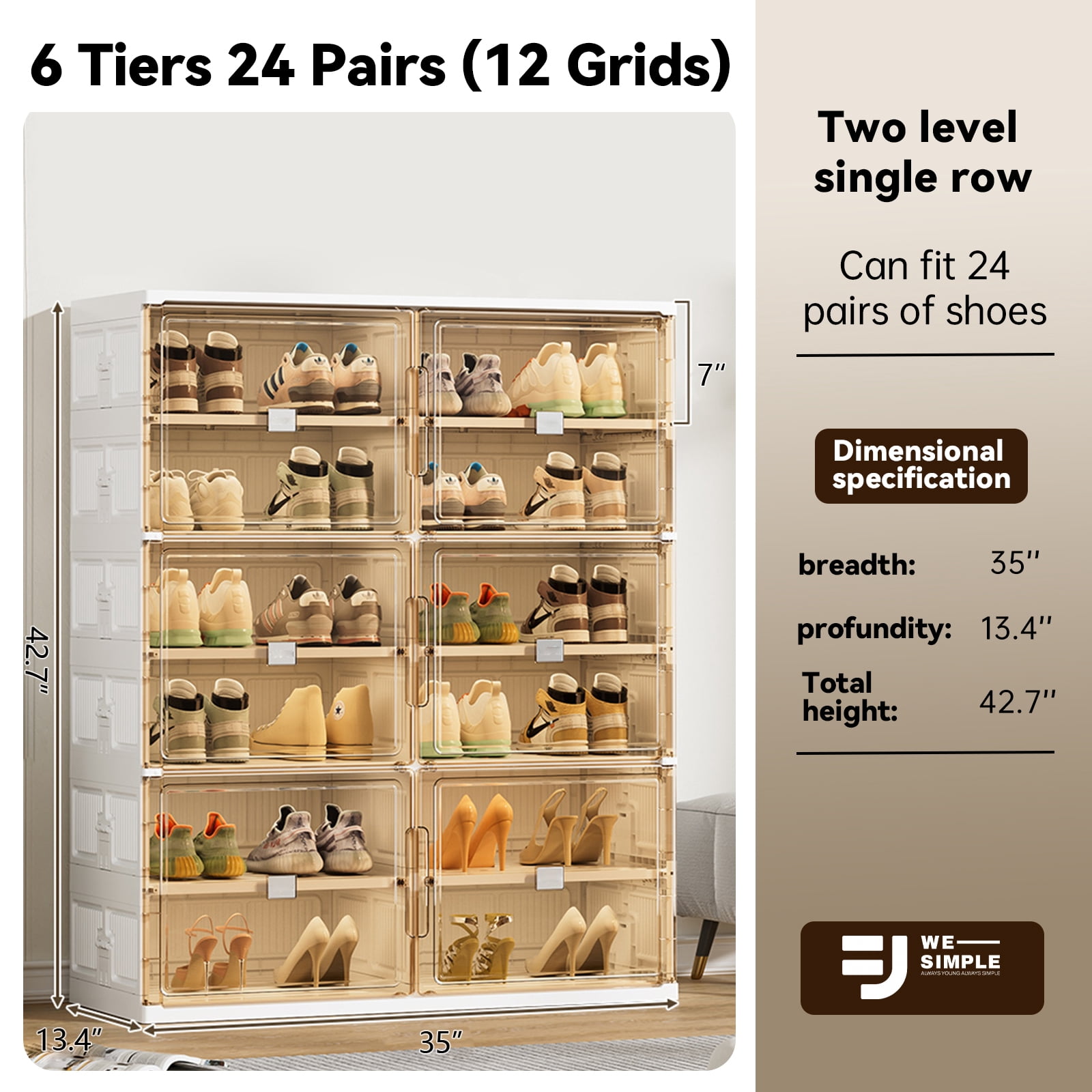 Jwesimple 6-Tier Foldable Shoe Rack Holds 24 Pairs, with Magnetic Clear Doors, Easy Assembly Storage Organizer