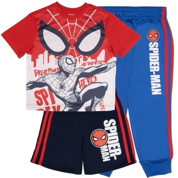 Marvel Spider-Man Boys 3-Piece Superhero Jogger Set - Spidey Short Sleeve Graphic T-Shirt, Shorts, & Sweatpants Bundle for Kids (Sizes 4-12)