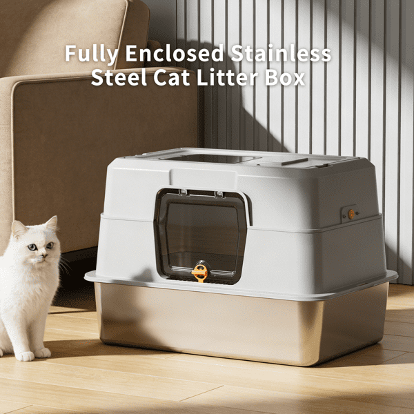 imerelez Black xL10 Stainless Steel Half-Enclosed Cat Litter Box, Thickened Scratch/Leak Proof, Non-Stick Easy Clean, Odorless, ABS Anti-Slip Base, Open Top Airflow for All Cats