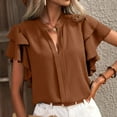 thumbnail image 2 of Riforla Women's Summer New V Neck Casual Double Layer Ruffle Sleeve Solid Color Top T-shirts for Women Brown L, 2 of 5