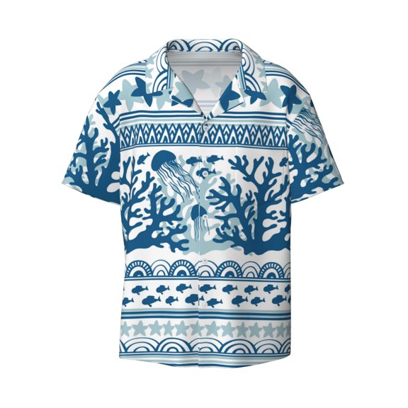 Vsdgher Sea Underwater Jellyfish Print Men's Wrinkle Free Untucked Cuban Shirt Business Casual Button Down Shirts Short Sleeve Shirt