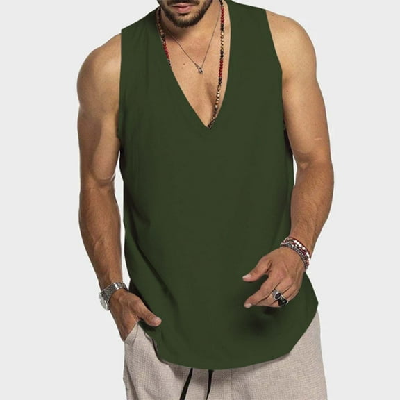Rigardu tanks for men mens tank top Men's Fashion Spring And Summer Casual Sleeveless V Neck Solid Color Pullover Undershirt Men's Sports Undershirts Army Green L