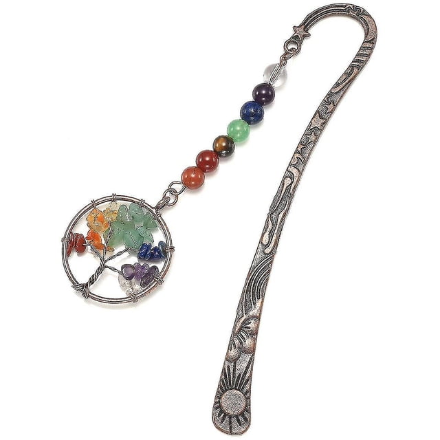 Marcapáginas de metal vintage único Marcadores religiosos de bronce Estrella Sol Luna con 7 cristales de chakra Piedra curativa Colgante de árbol de la vida con cuentas Día de la madre Mo