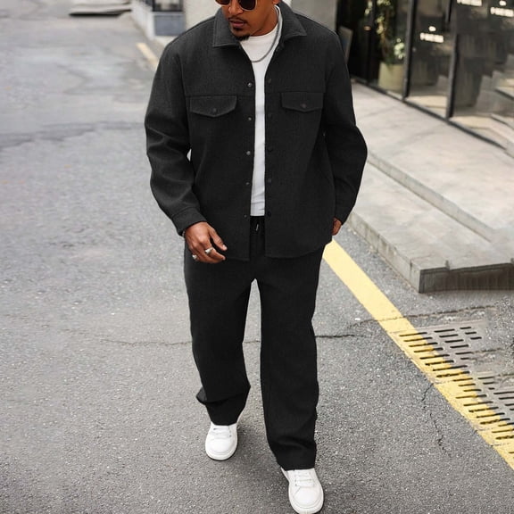 Yaoyar Men Casual Outfit Set Solid Color Lapel Long-Sleeve Button Jacket with Elastic Waist Drawstring Pants Sporty Two-Piece Set for Casual Wear Outdoor Activities and Sports