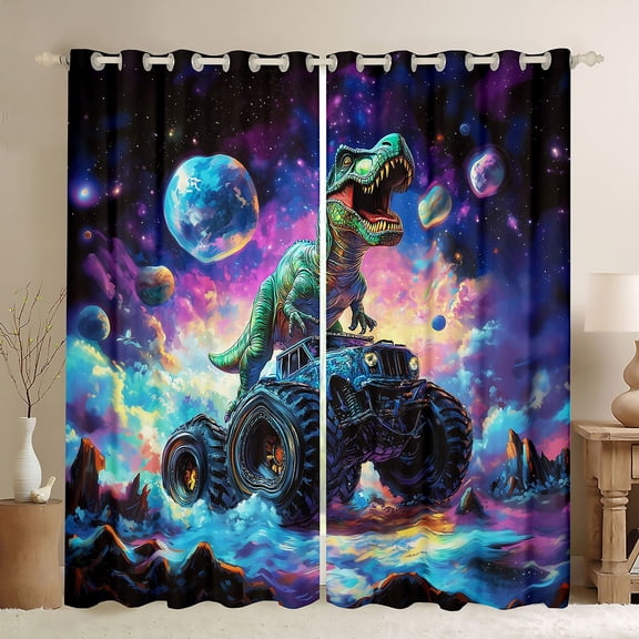 Homewish Dinosaur Monster Truck Kitchen Curtains,Vintage Animal Black Out Curtains Pack of 2 (42x63 Each),Blue Purple