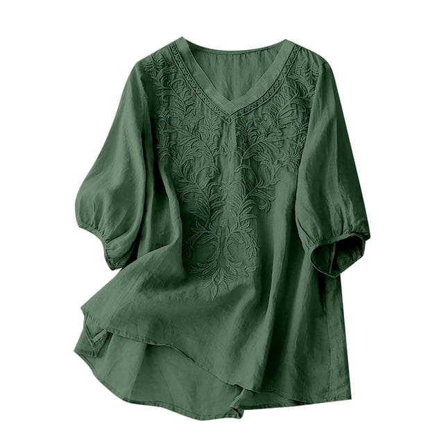 Hauts pour Femmes à Col en V Uni, Style Littéraire, Manches Cinq Quarts - Élégants et Polyvalents
