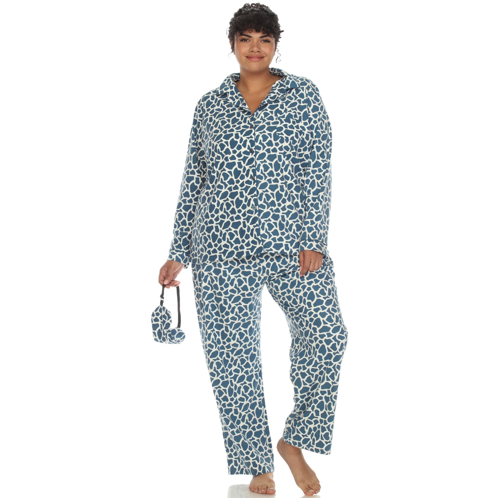 White Mark Women's Printed Long Sleeve Button Up Top & Pants Pajama Set
