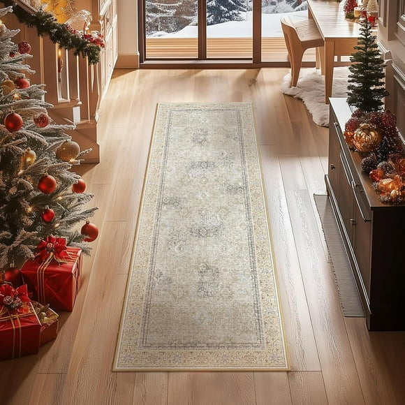 Area Vintage Boho Rugs for Living Room, Machine Washable Area Rugs with Non-Slip Backing, Indoor Rug Vintage Bohemian Area Rug Home Decor, Room Decor, 2 x 6 ft, Beige, 1 Pack