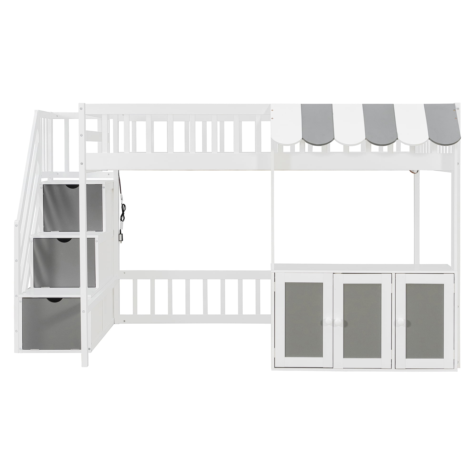 Mintazer Full Size Loft Bed with Play Storefront & LED Lights, Kids Loft Bed with Guardrail and Storage Staircase & Cabinet for Bedroom, White & Gray