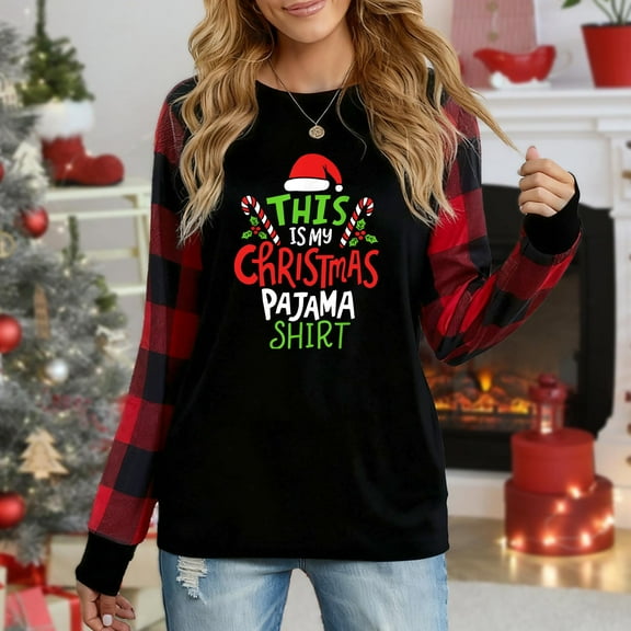 Women's Christmas Plaid Long Sleeve Top, "This Is My Christmas Pajama Shirt Festive Graphic" Casual Shirt