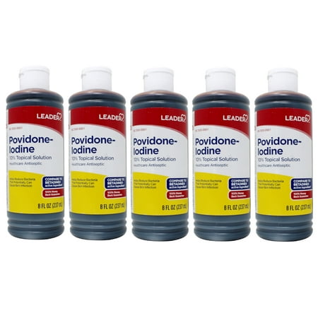 Leader Povidone Iodine 10% Topical Solution First Aid Antiseptic, Prevent Infection, 8 oz - 5 Pack