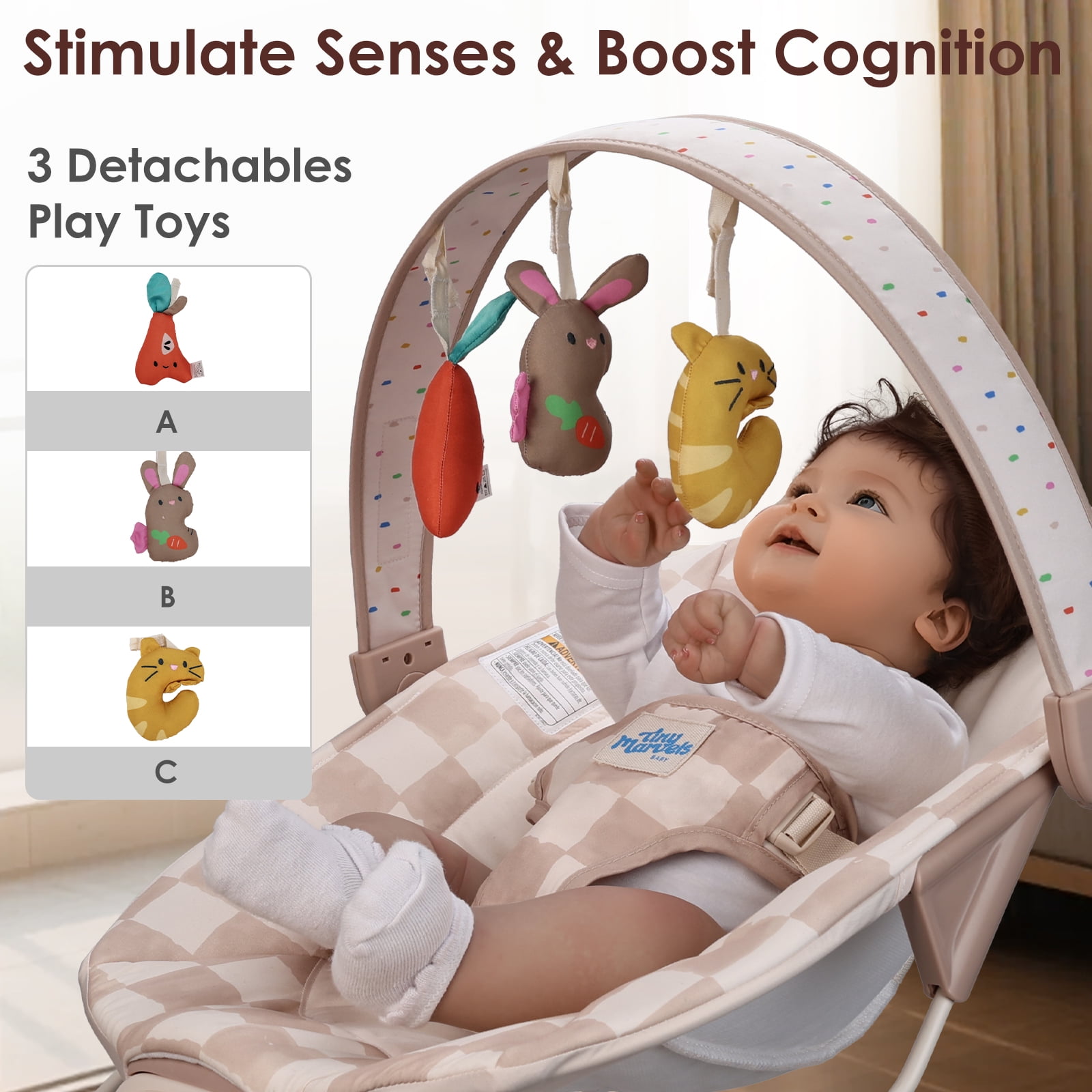 Tiny Marvels Baby Bouncer Seat with Soothing Vibrations and Music Sensory Toy, Age 0-6 Months(Sand Checks)
