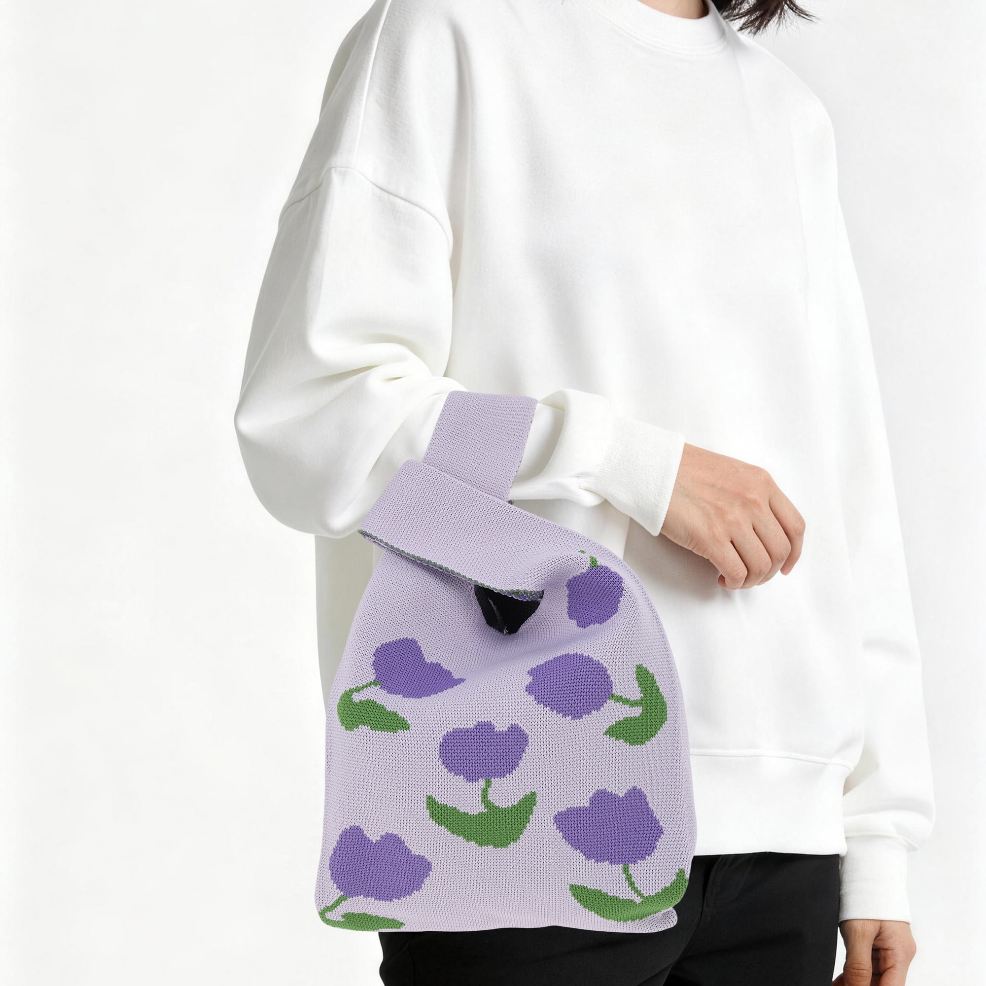 Unique Bargains Flowers Pattern Knitted Wrist Bag Purple 1 Pc