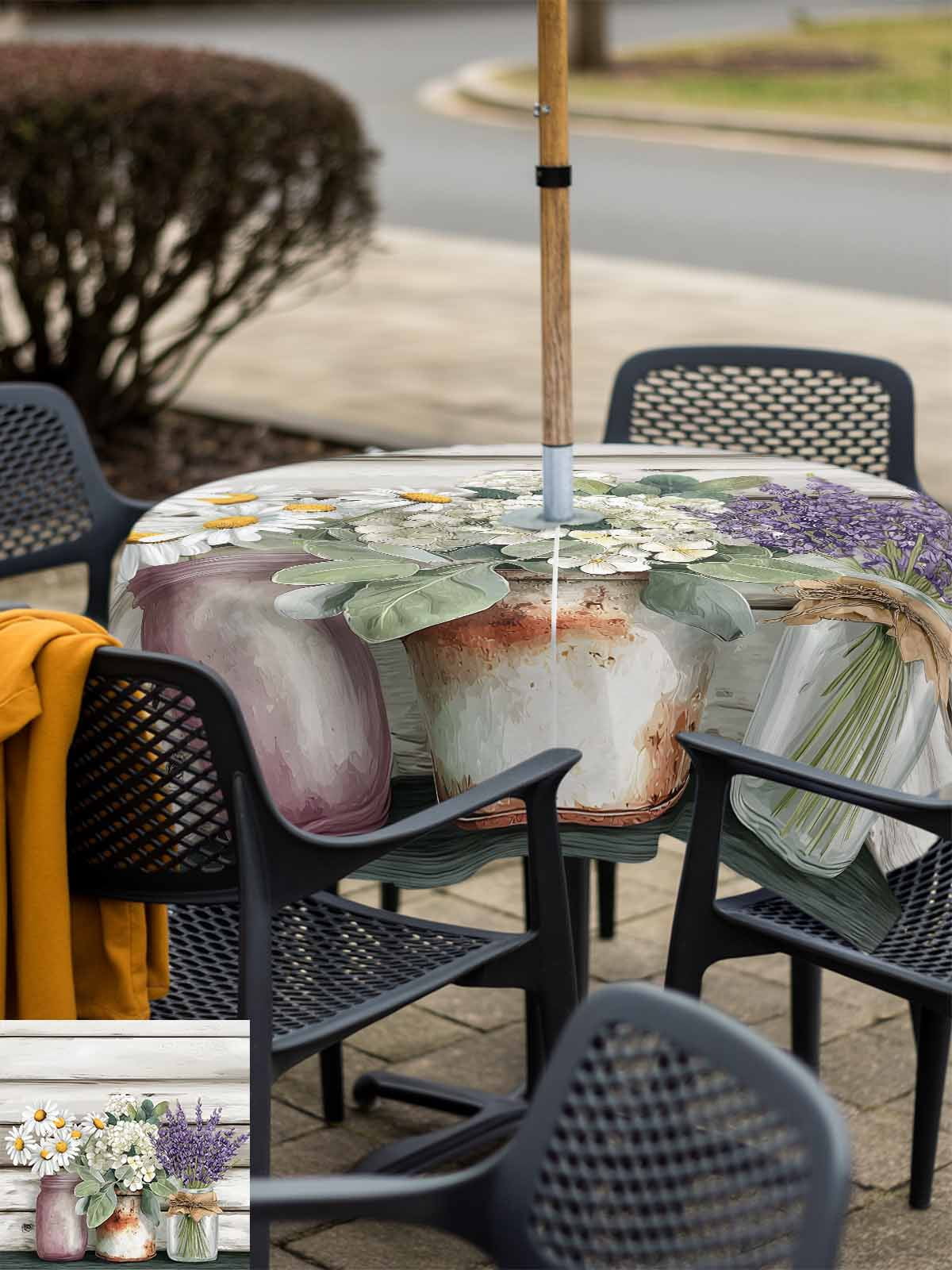 Spring Floral Outdoor Tablecloth - 54x54 Inch Square Dining Table Cover, Pastoral Bottle Daisy Lavender Gray Wooden Waterproof Outdoor Table Cloth with Umbrella Hole & Zipper for Picnic/Patio/Party