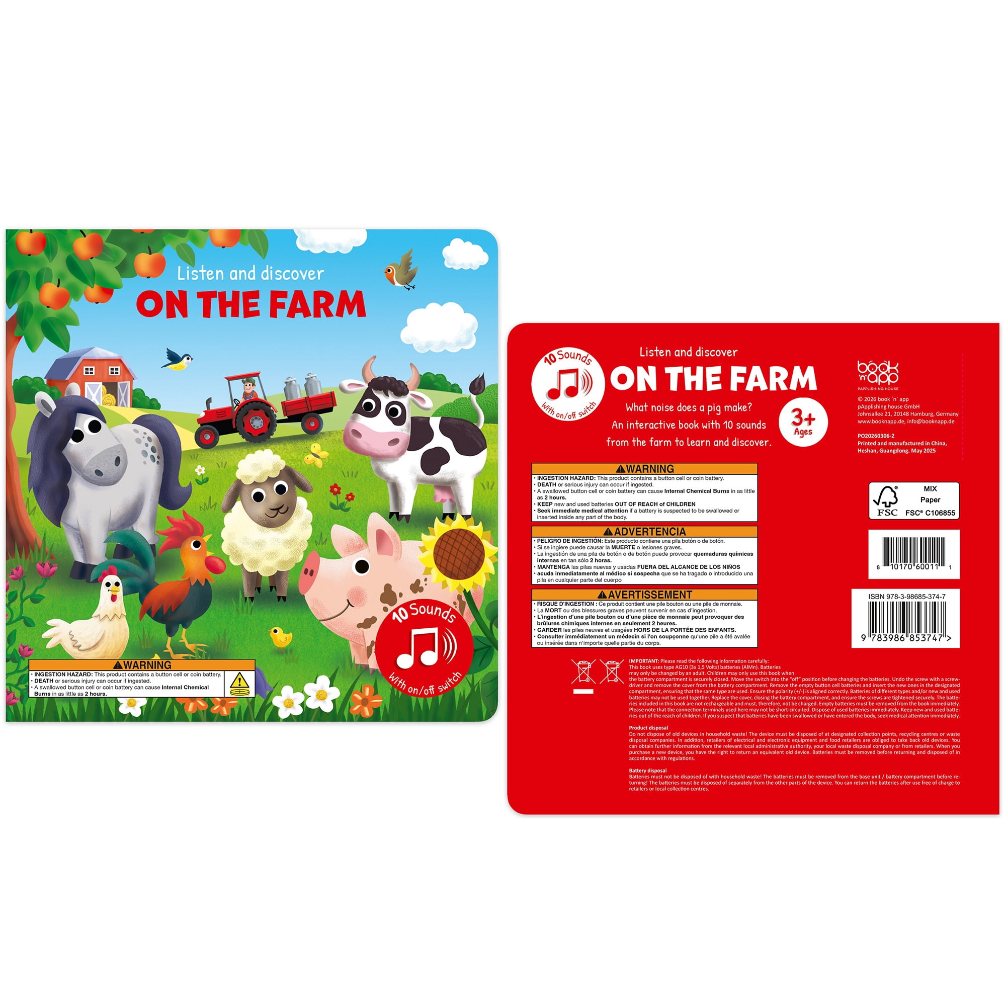 book 'n' app: Listen & Discover Book - On The Farm - Soft Touch Press, 10 Animal Themed Sounds, Interactive Play-Read-Learn Story, Kids-Toddlers 18Mo+