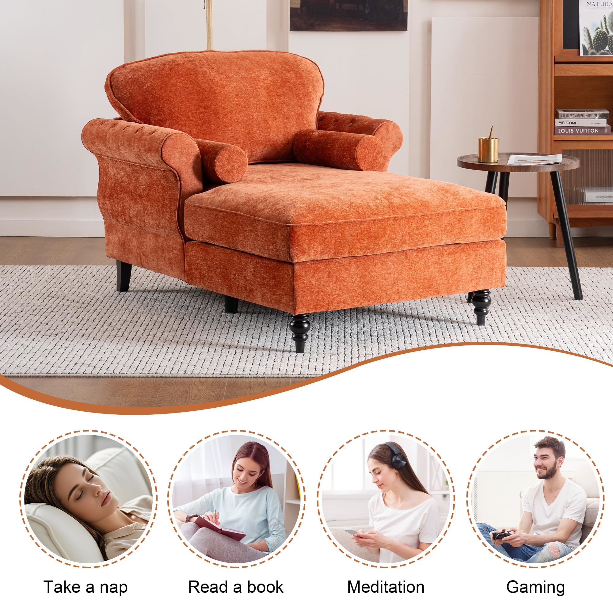 Aukfa Curved Arm Chaise Lounge Indoor Chair Oversized Mid-Century Modern Chair, 2 Pillows, Chenille, Orange