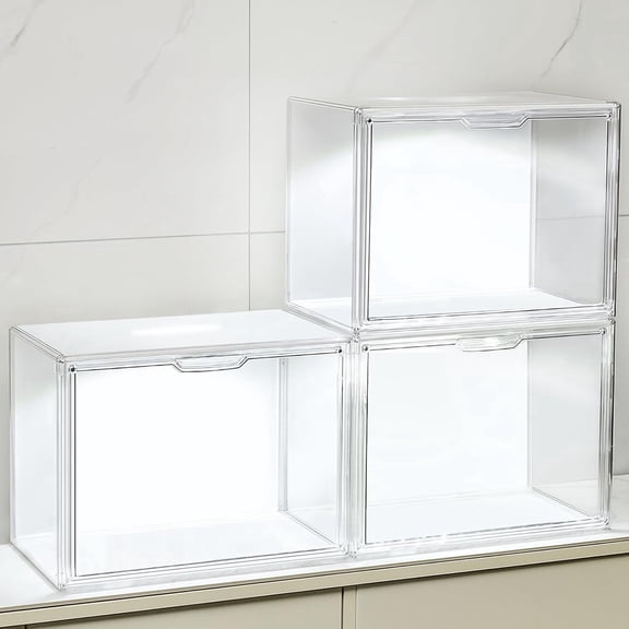 Clear Stackable Display Case with Light, Voice Control Lighting Storage Bins, Display Box Dustproof Showcase for Collectibles, Figures, Shoes, Toys & Jewelry (Transparent with light-L-3 Pack)