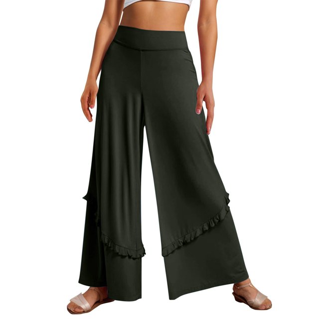 Timegard Wide Leg Pants for Women High Waist Ruffle Solid Color Vacation Travel Casual Loose Trousers
